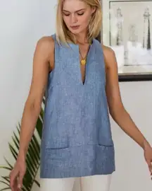 NWT Emerson Fry A-Line Mod Top Small Blue Chambray Linen Blouse Sleeveless