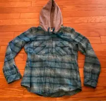 Blue/Gray Plaid Button Up Flannel Hoodie - Small