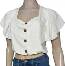 Charlie Holiday Womens Size 6 White Linen Rayon Sweatheart Button Front Crop Top