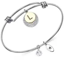 Unwritten Pave & Initial Disc Bangle Bracelet Stainless Steel & Silver Plated