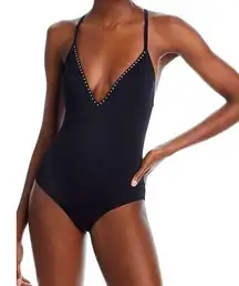 AQUA Swimwear One Piece Swimsuit Black Extra Small Rhinestone Trim Detail NEW