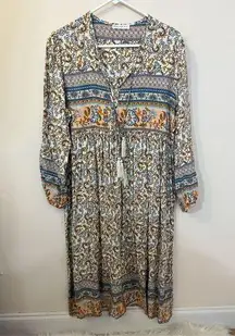 R. Vivimos Floral Tan Blue Boho Midi Dress 2X