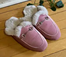 J. Crew Pink Velour Fur Mule Slippers
