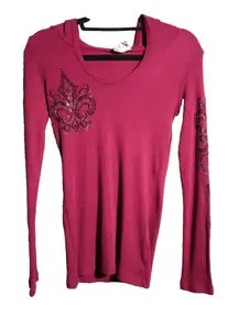 Vocal Y2K Fleur De Lis Crystal Embellished Red Burgundy‎ Hooded Ribbed Top 00s M