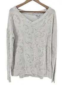 Athleta Women's V Neck Long Sleeve Sweatshirt Beige Patterned Pullover Top‎