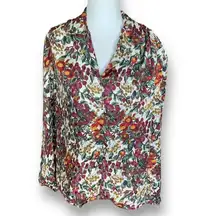 Vintage Jeri Marque Shirt Multicolor Fruit Floral Print Reflective Satin Blouse