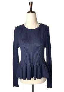 Rebecca Taylor Sweater Women Large Blue Ribbed Knit Wool Alpaca Blend Peplum Hem