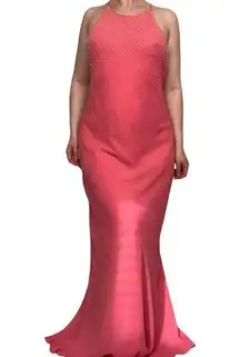 Vintage Pink Lrg Beaded Halter High Neck Maxi Dress Gown Prom Homecoming Formal