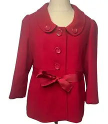 Forever 21 Size Large Short Peacoat Cherry Red Belted Chunky Button Floral Liner