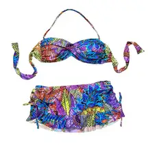 ABS Bikini Swimsuit 2pc Skirted Colorful Peacock Abstract 6 8 S Small M Medium