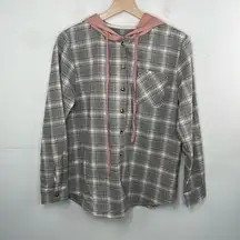 Flannel Plaid Long Sleeve Front Button Closure With Hood Shirt Gray Small Cotton