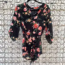 Belle Tweed belted black floral tunic blouse XL boho