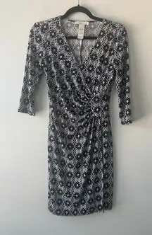 Laundry By Design Women's Navy Geometric Wrap V-Neck 3/4 Sleeve Dress‎ Sz 4