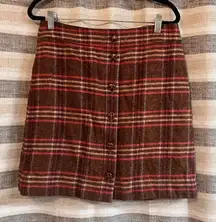 Talbots Pink And Brown Plaid Button‎ Front Wool Blend Skirt Size 6P