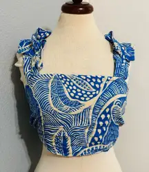 Ybara Women Blue and White Patterned Hawaiian Adjustable Back Bow Top Fits M-XL