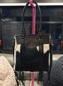 Black and White Fringe Leather Tote