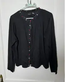 Vintage Erika Black Beaded Floral Coquette Girly Frilly Cardigan Sweater PL