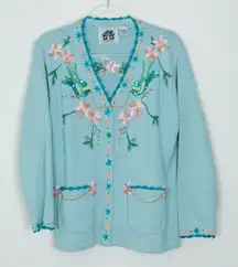 Storybook Knits Womens Birds Floral Embroidered Cardigan Size M Blue Art To Wear
