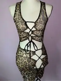 Cheetah Print Swim Cover Up Mesh Cutout Mini Dress Tie Front Small