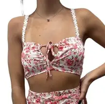 O.Vianca Floral Cropped Cami Tie Front Top Pink White Size Large NWT