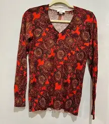 ANN‎ TAYLOR LOFT Womens Sweater Medium Orange Paisley V Neck Long Sleeve