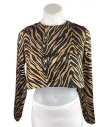 Zara Black Brown Satin Zebra Animal Print Long Sleeve Blouse Crop Top Size XS