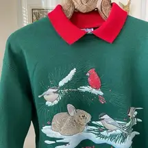 Vintage 90s Hanes Activewear Collared Sweatshirt Cardinal Bunny Snow Green Red L