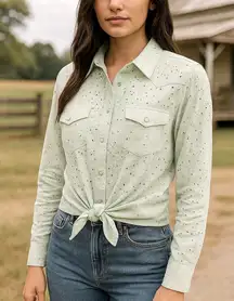 Western Back in the Saddle Mint Green Eyelet Shirt – Size M – 100% Cotton