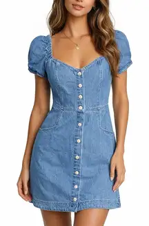 Madewell Denim Puff-Sleeve Mini Dress Size 6 Dawnshire Wash Cotton Blue Button