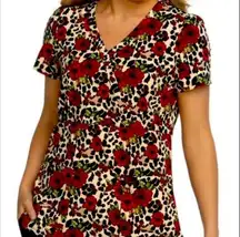 Betsey Johnson Women’s  Floral Cheetah Calla 2 Pocket Mock Wrap Scrub Top Size S