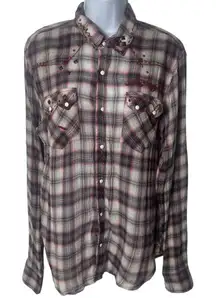 Y2K Ed‎ Hardy Red Black Plaid Jeweled Embroidered Buttondown Holiday Rodeo S