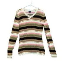 basic editions  XL Womens Sweater Pullover Ribbed V-Neck Long Sleeve Striped NWOT