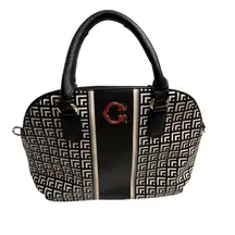 C Wonder Satchel Handbag Black White Geometric Pattern Gold Logo Top Handle