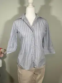 Lands' End Striped 3/4 Sleeve Button Down‎ Shirt Women's 0P Petite Blue