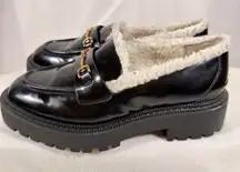 Sam Edelman Womens 7.5 Laurs Cozy Lining Black Patent Chunky Loafer Preppy Goth