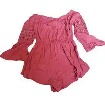 Womens Blush S Off-Shoulder Romper With Lace Bell Sleeves & Elastic Waist