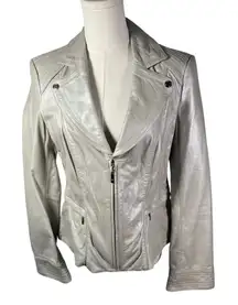 WHITE HOUSE BLACK MARKET Silver Grey Leather Moto Jacket Women's Size Medium Zip