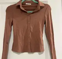 Timing Women's Tan Ribbed Button-Down Shirt