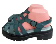 Free People delaneyTeal Leather Fisherman Platform Sandals Chunky  38/8 Buckle