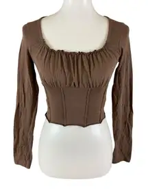 Subdued Brown Corset Long Sleeve Top S Y2K Cottagecore Fitted Boho Chic