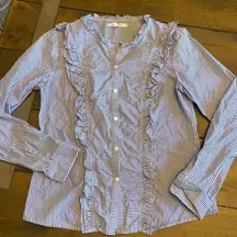 Avec‎ les Filles blue and white striped ruffle button up long sleeve size S
