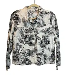 Chico's Jacket Women's Size Medium Floral‎ Sequins Denim Jean Office Black White