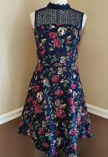 NEW Modcloth  Navy Blue Floral Corduroy High Neck A-Line Dress Size Medium