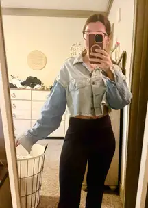 Two Toned Light Blue Cropped Denim Jacket