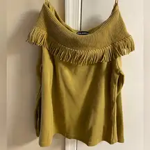 Nina Leonard QVC top off shoulder fringed knit long sleeves Medium NWT