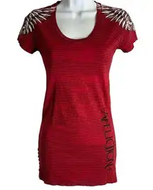 Affliction Studded Short Sleeve T Shirt S Red Striped Cross Feathers Scoop Neck