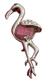 Vintage silver tone flamingo brooch pin rhinestone pink crystal unsigned