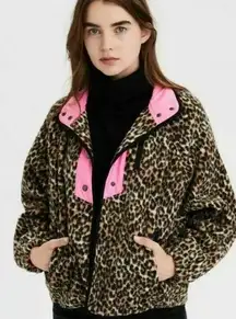 American Eagle Leopard Print Pink Trim Fleece Jacket