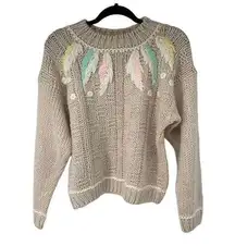 Vintage Tan Pastel Feathers Boho Chunky Knit Sweater