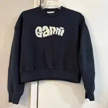 Ganni Isoli Logo Crew Neck Sweater Embroidered Cropped Boxy Navy Blue S